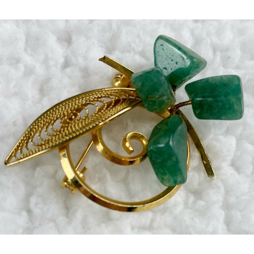 (VTG) Gold/Jade Clover and Leaf Brooch - Picture 4 of 10
